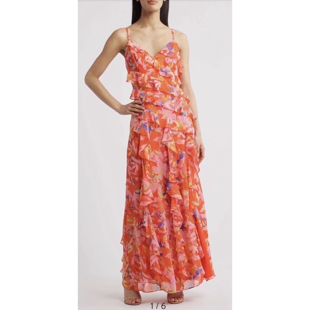Eliza‎ J Floral Ruffle Fil Coupé Maxi Dress Size 5 Floral Sundress Slip dress